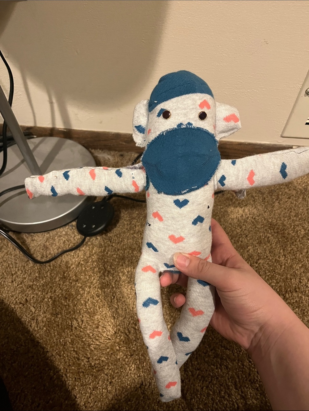 Homemade st Jude’s Plush Sock Monkey with Blue Face and Heart Print